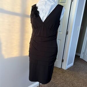 Connected Apparel Black Midi Dress with Floral Accent V-neck Cocktail black tie